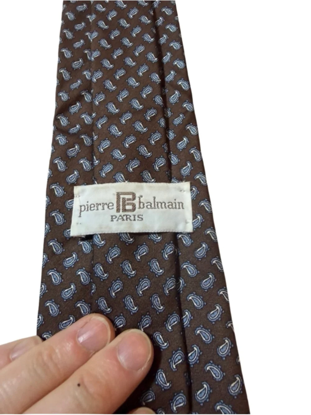 Pierre Balmain Paris Silk Tie Brown Paisley Micro Print Vintage Luxury